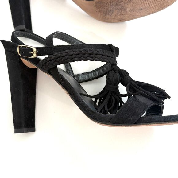 Stuart Weitzman Tassel Braided Black Suede Strappy Sandal Heels Sz 7.5/8 - Picture 8 of 12